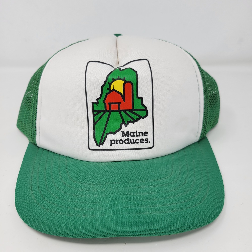 Vintage Yupoong Maine Produces Farm Trucker‎ Hat Green White Snapback Mesh Cap